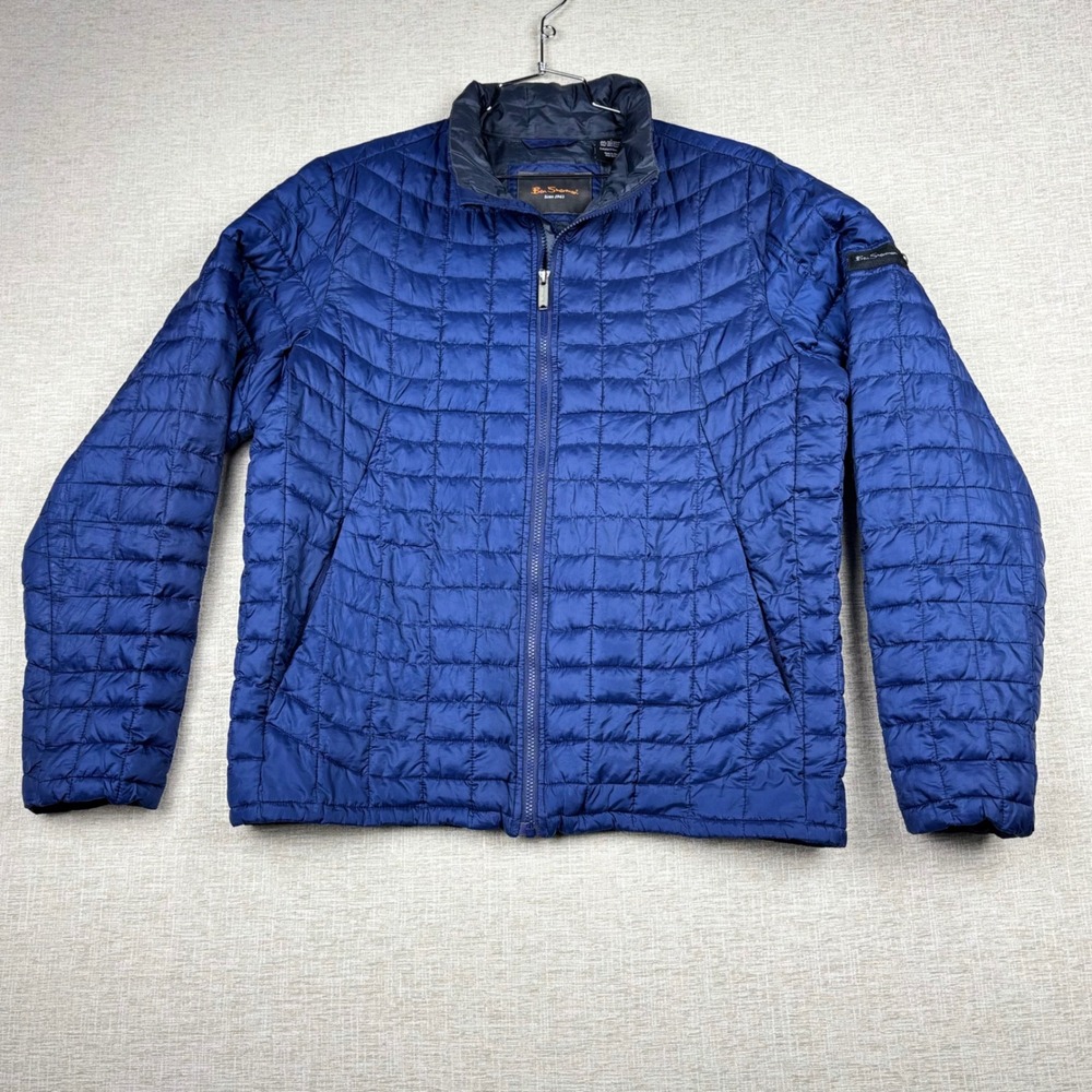 Ben Sherman Mens Blue Grid Quilted Puffer Jacket Full Zip Ripstop Large RN74299
